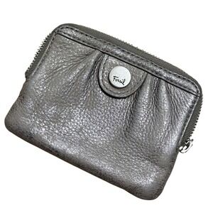 Fossil Womens Gray Metallic Leather Zip Around Coin Purse Wallet Card Holder